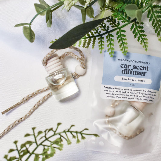 wildewood botanicals Car scent diffuser packaging with decorative elements on a white background