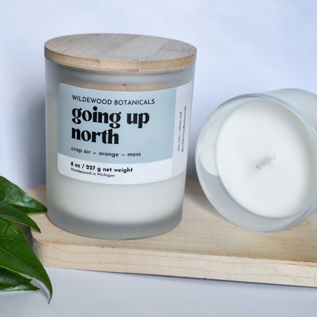 going up north scented soy candle by wildewood botanicals
