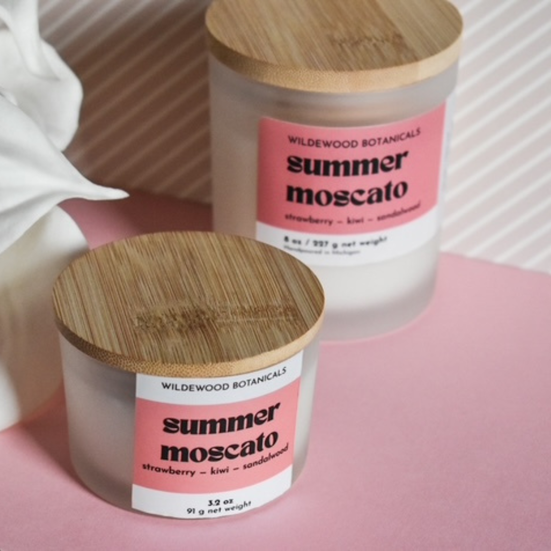 regular and mini size summer moscato soy candles by wildewood botanicals