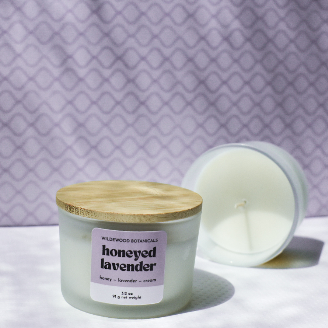 mini honeyed lavender on white and purple background